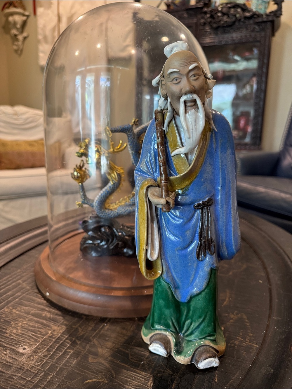 12” Vintage/Antique (?) Chinese Shiwan Mudman Elder w/ Staff